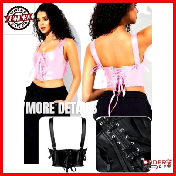 Leather Lace Up Overbust Corset Top Renaissance Y2K Gothic Club Wear Adjustable - Picture 3 of 7